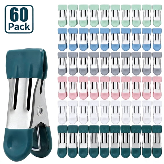 Minorsun Clothes Pins 60 Pack, 2.17 inch Stainless Steel Clips with Rubber Grip, Bag Clips for Food Clamps for Kitchen, Office, Home, 6 Color
