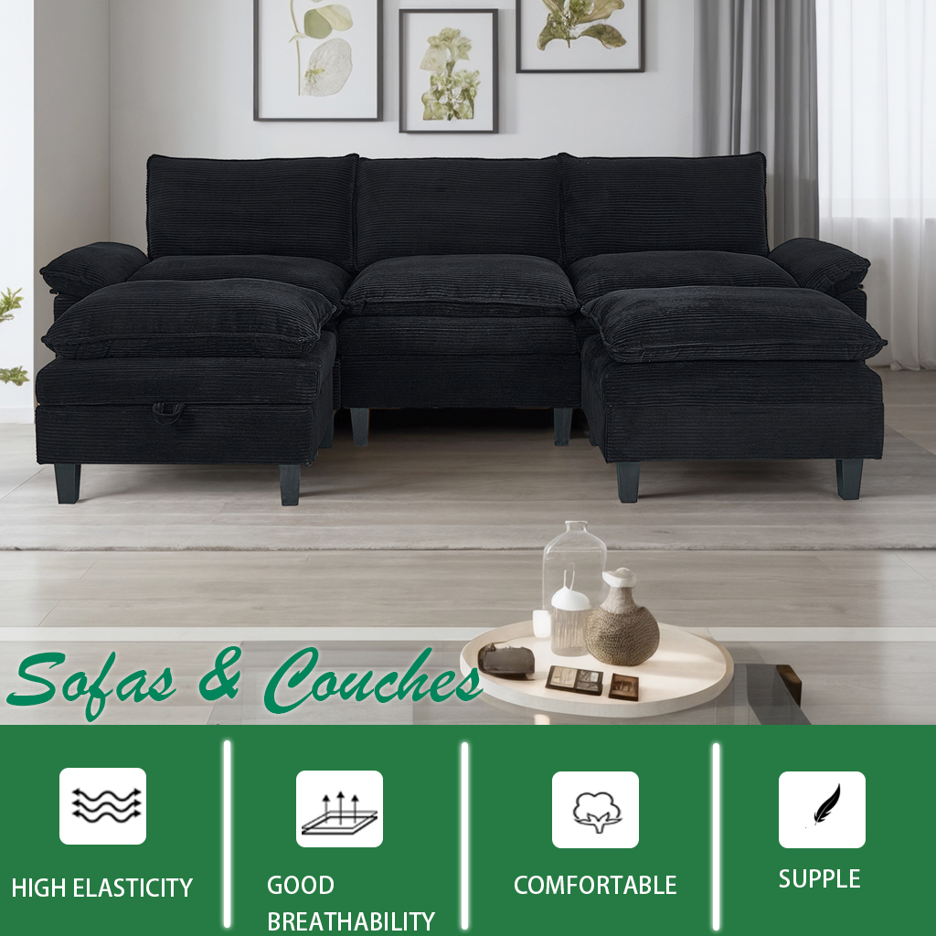 Gewnee Modular Sectional Sofa with Movable Storage Ottomans, U Shaped Cloud Couch for Living Room, 3-Seat