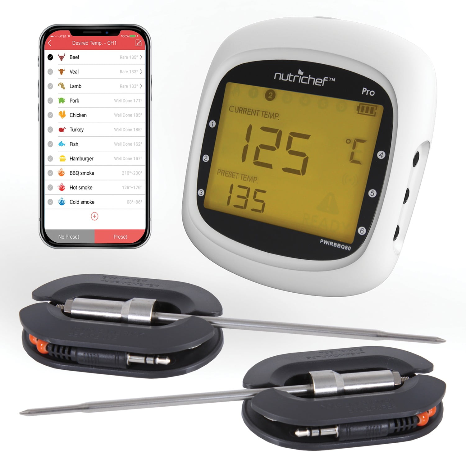 Smart Wireless Meat Thermometer, Remote Range Dual Bluetooth Digital Food  Thermometer for Oven, Indoor Outdoor Cooking, Grill BBQ, Compatible with  iOS