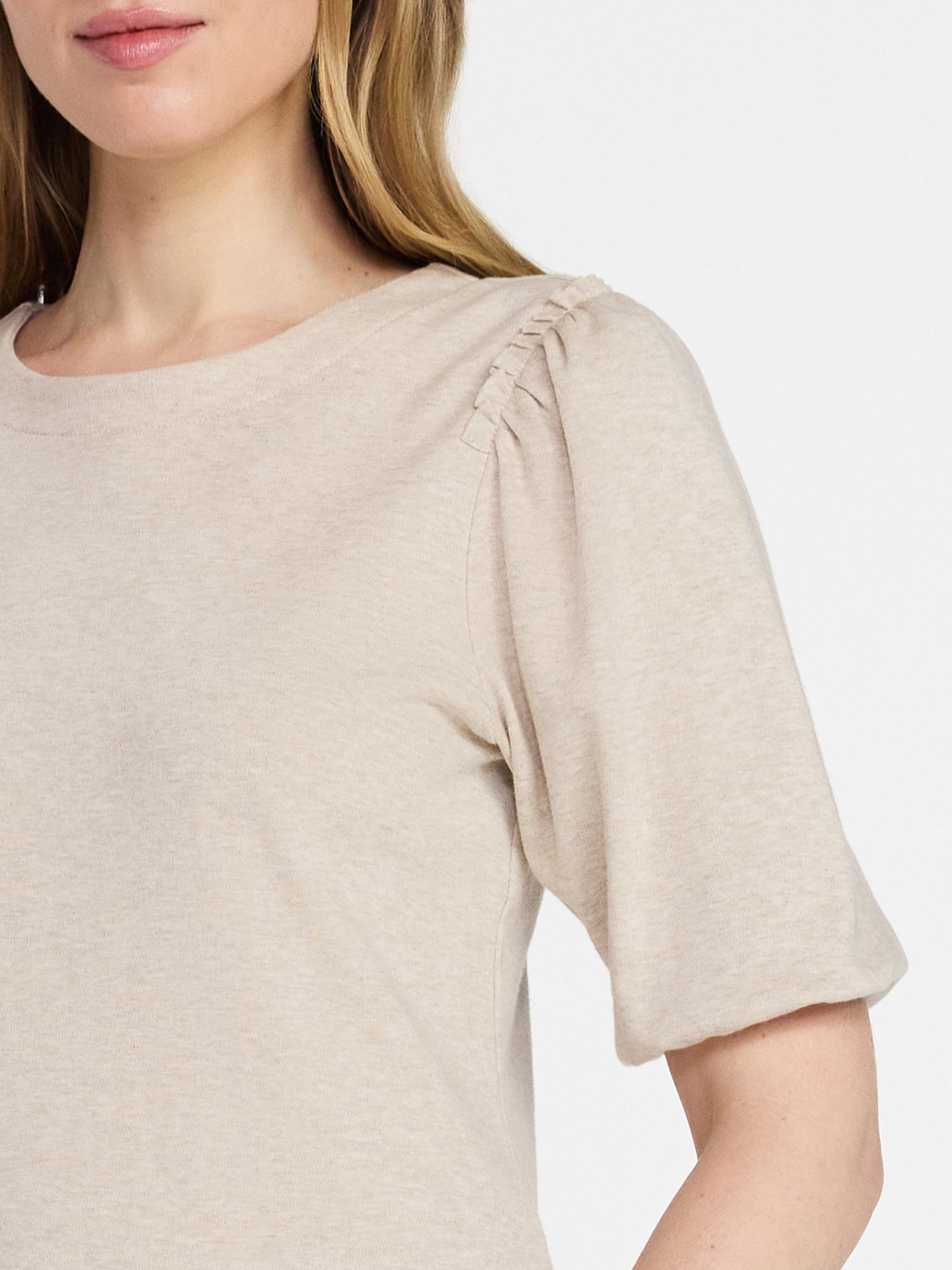 Time and Tru Women's Cotton Crewneck Tee with Puff Sleeves, Sizes XS-XXXL