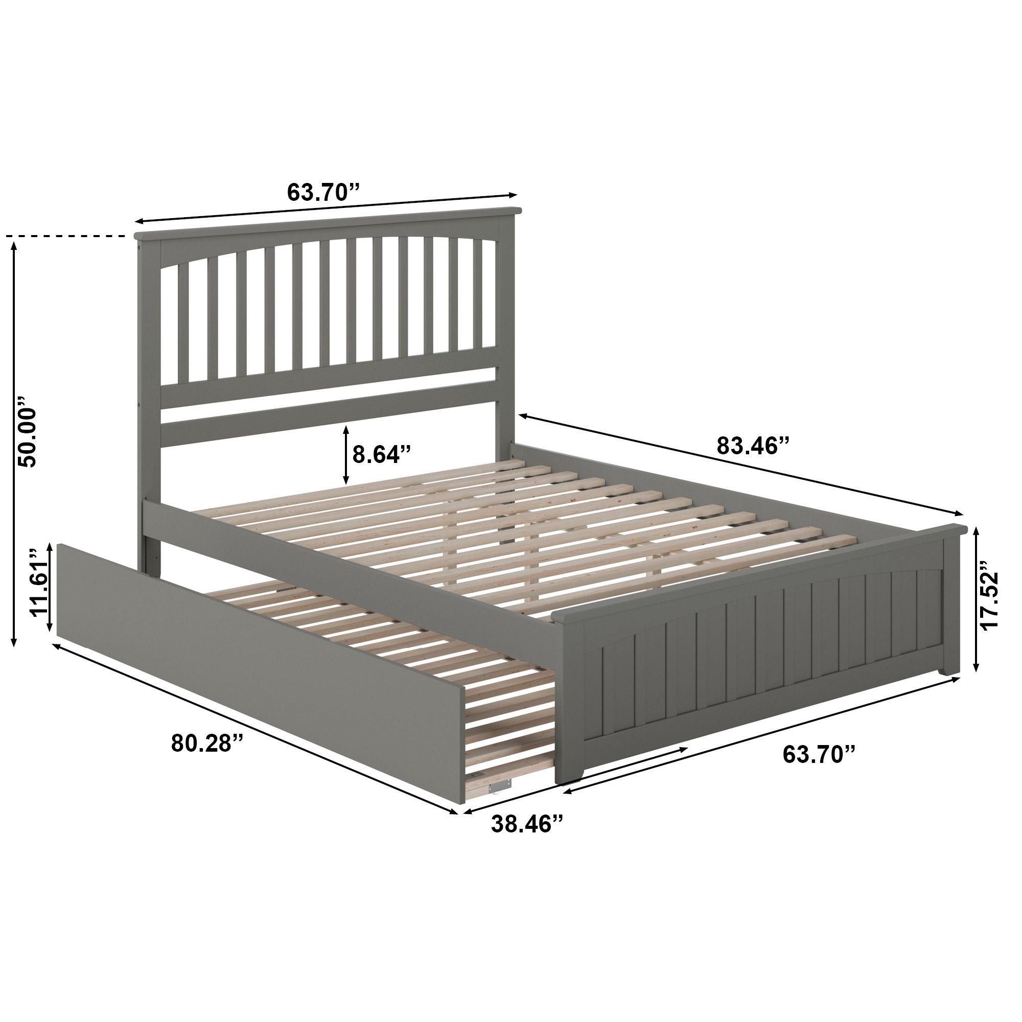 AFI Mission Queen Platform Bed with Wood Headboard Footboard & Twin XL Trundle, Grey
