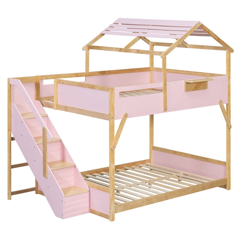 Full Over Full House Bunk Bed with Stairs, 3-Color LED Lights, Built-in Storage Panel, Wood House Bunk Bed Frame for Kids Teens, No Box Spring Needed