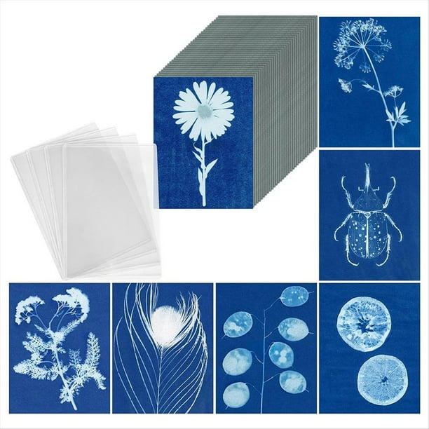 Kit de Papel de Impresión Solar, Papel de Cianotipo de 100 Hojas con Panel Acrílico de 4 Hojas, Papel Artístico Solar A5, Papel Artístico de Impresión Solar