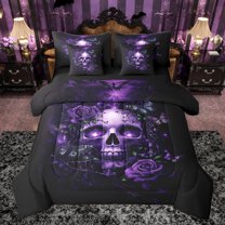 Castle Fairy Abstract Floral Skull Bedding Comforter Set 7pcs for Teens Adults,Gothic Style Queen Bedding Sets Super Cozy,Chic Flowers Butterflies Queen Sheet Sets,Super Cozy Room Decor,Reversible