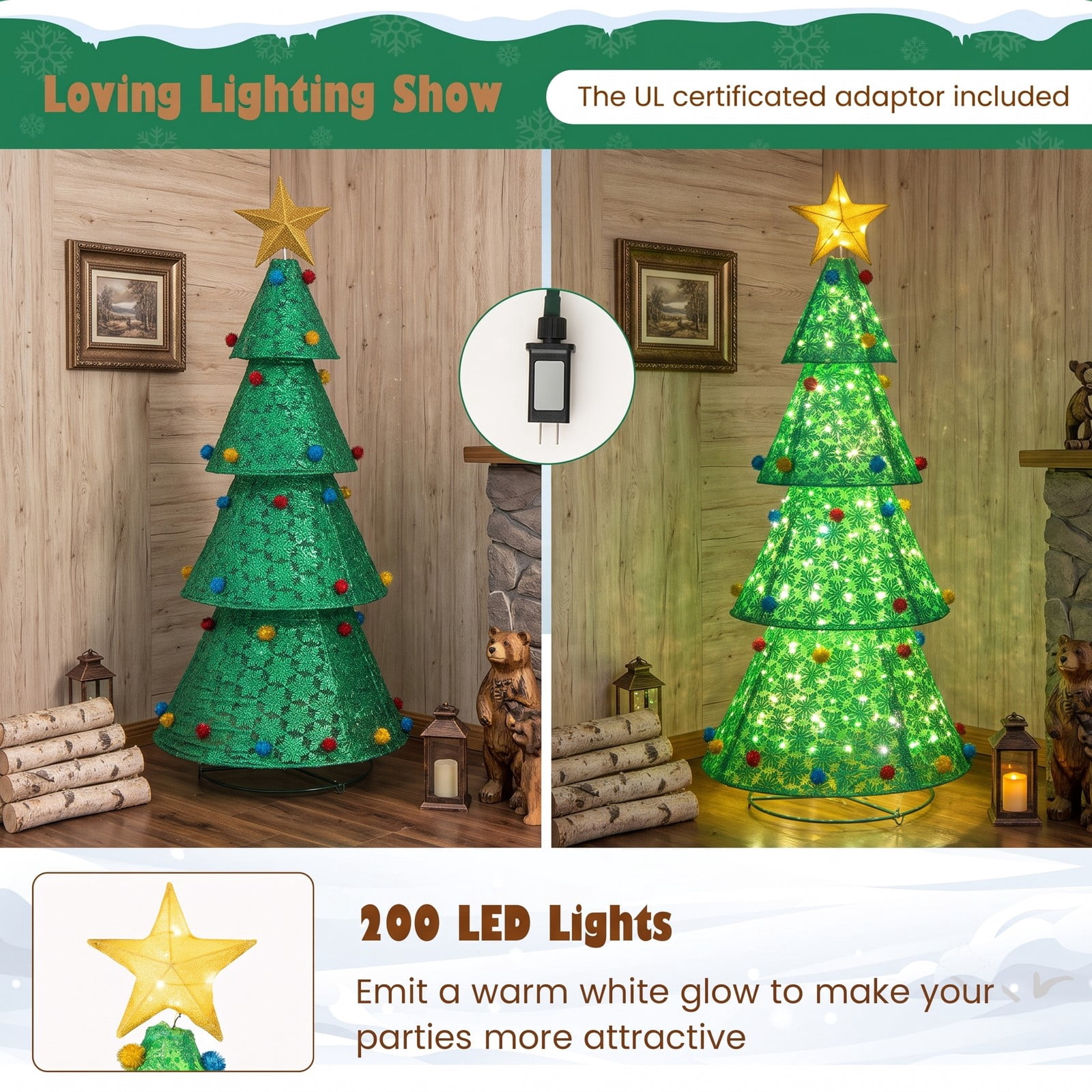 RUIE Pop-Up Christmas Tree 6.5 ft with 200 Warm White LED Lights, Collapsible Pre-Lit Artificial Xmas Tree for Indoor Outdoor Holiday Decoration, White