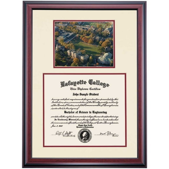 OCM Diploma Frame for Lafayette College, Ivory/Maroon Mat with Aerial View of Campus Photograph, 27" x 20"