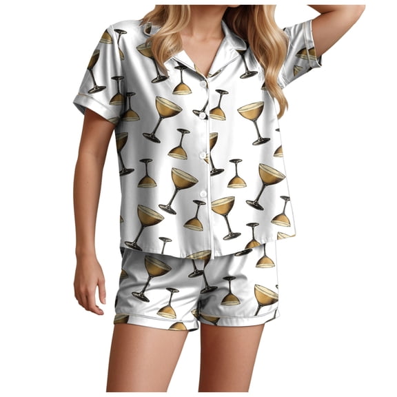 felwors Funny Graphic Pajamas for Women Set Button Down Short Sleeve Top and Shorts Pjs Sets Sleepwear Brown, L