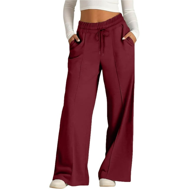 Charmgo Sweatpants for Women High Waisted Drawstring Sweatpant Solid Color Soft Loose Flowy Lounge Pants Baggy Pants Women Palazzo Pants for Women Red M
