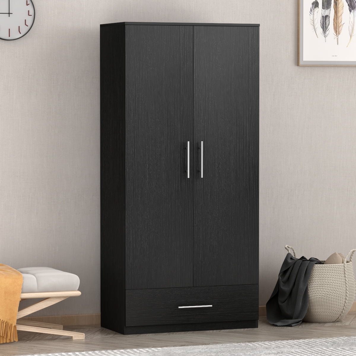Timechee Modern 2 Door Wardrobe Armoires with Drawer and Hanging Rod, Black