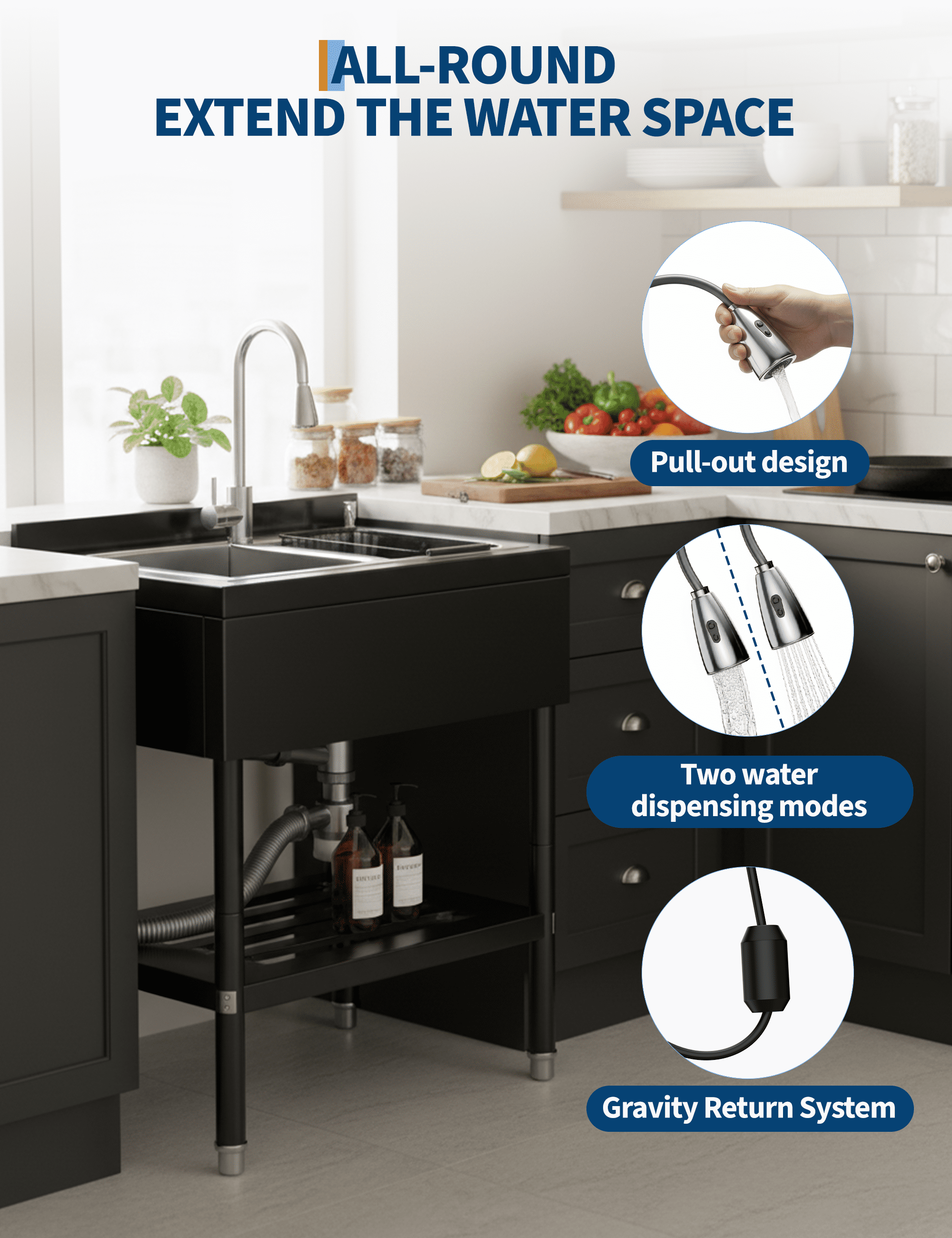 31.1" W x 22" D x 37.8" H Heavy-Duty Freestanding Utility Sink – Stainless Steel Commercial Basin with Pull-Out Faucet