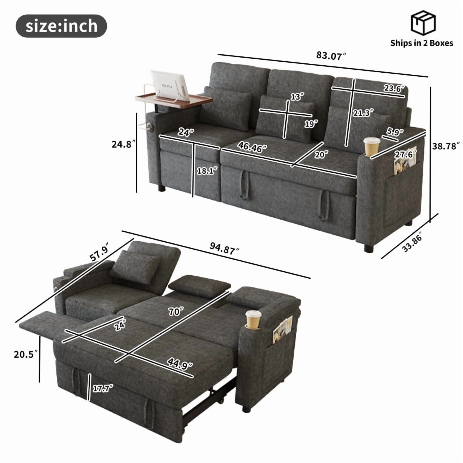 Aukfa 83" Convertible Sofa Bed, Chenille 3-Seater Pull-Out Sleeper Couch with Recliner, USB Port, Swivel Table & Storage Armrests,Gray