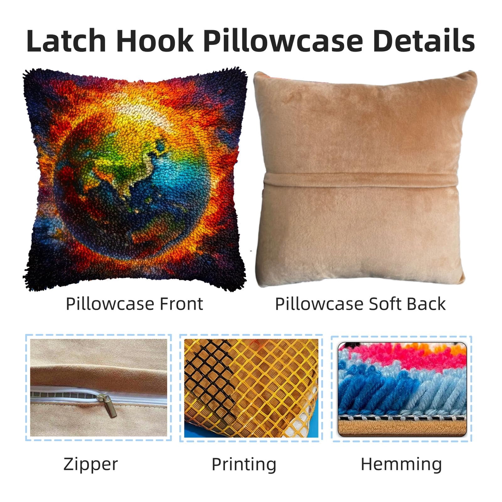 Earth in Sun Circle DIY Latch Hook Pillow Kits for Adults Printed Pillowcase Crochet Yarns Hooking Handmade Pillow Cover Cushion for Home Sofa Decoration 17x17inch