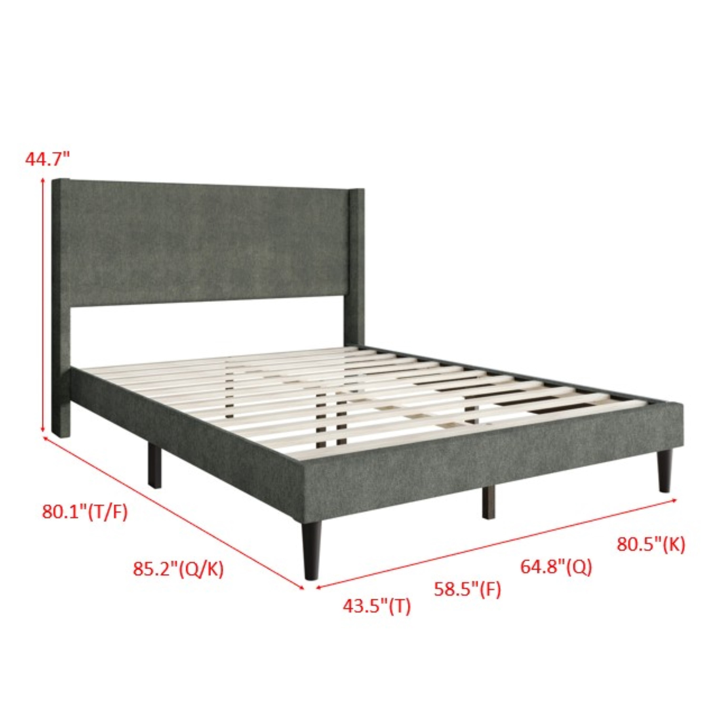 Home Design Bangor King Upholstered Wingback Platform Bed Frame, Linen, No Box Spring Required, Gray