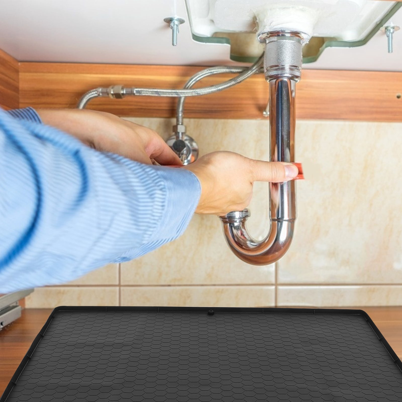 BESTONZON Waterproof Black Rubber Mat for Sink Cabinet Leak Prevention