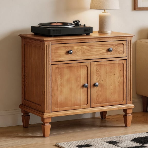 WUSCASA Farmhouse Sideboard Buffet Cabinet with Charging Station, Wood Accent Cabinet with Drawer & Double-Door Credenza for Bedroom, Living Room