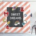 thumbnail image 1 of Sweet Dreams Shower Curtain, Diagonal Striped Backdrop with a Frame with Various Feminine Fashion Icons, Fabric Bathroom Set with Hooks, 69W X 70L Inches, Multicolor, by Ambesonne, 1 of 3