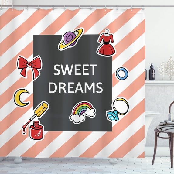 Sweet Dreams Shower Curtain, Diagonal Striped Backdrop with a Frame with Various Feminine Fashion Icons, Fabric Bathroom Set with Hooks, 69W X 70L Inches, Multicolor, by Ambesonne