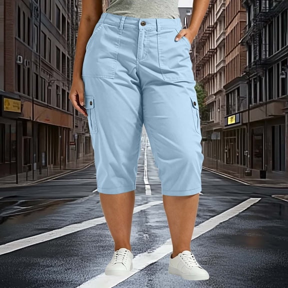 Pounoo Women's Plus Size Capri Pants Cargo Pocket Casual Trousers Outdoor Hiking Style Lightweight Durable Loose Fit Gift