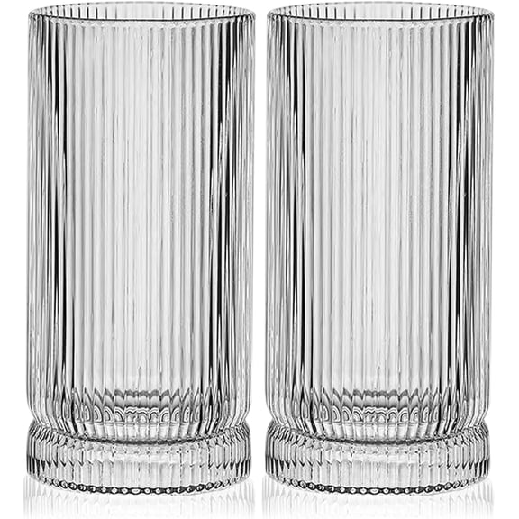 Ribbed Highball Glasses 16 oz - Set of 4 Vertical Drinking Glassware - Fits For Home Bars, Offices, or Restaurants - Water Glass Cups Dishwasher Safe