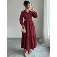 thumbnail image 5 of Burgundy Button-Front Shirt Dress Women Long Sleeve Notch Lapel Tiered Ruffle Midi Elegant Casual, 5 of 6