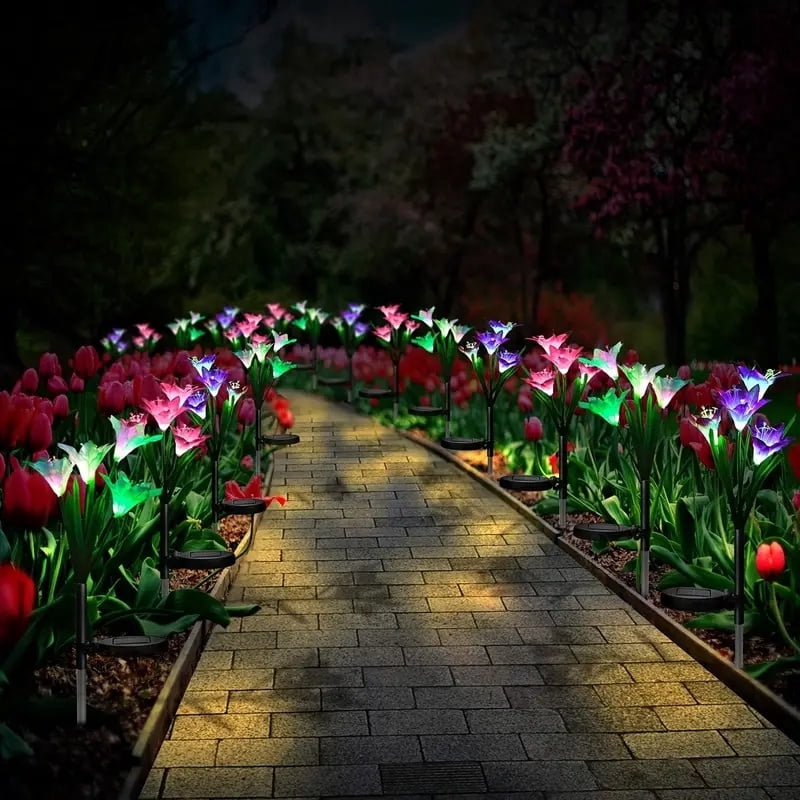 4 Pack Solar Lights With 16 Bigger Artificial Lily Flowers, Multi-Color Changing Lights, Solar Garden Decor Lights For Patio Yard Lawn Pathway