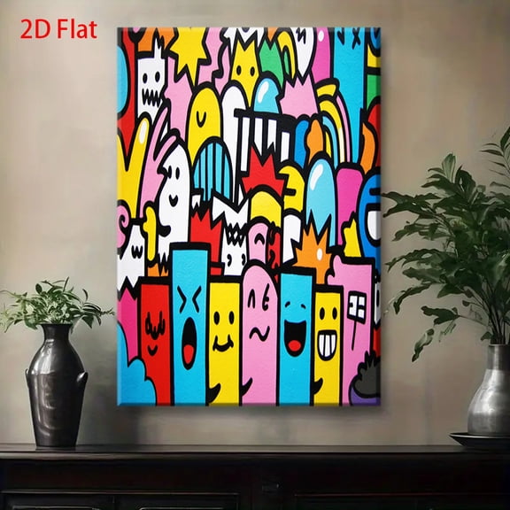 ' Playful Cartoon & Ghosts Wall Art - 2D Full-Print Colorful Painting with Smiling Faces, Cute Pink & Blue Characters, Wrapped Canvas Frame for Room Decor, Easy-to-Hang Children's Picture Book Theme