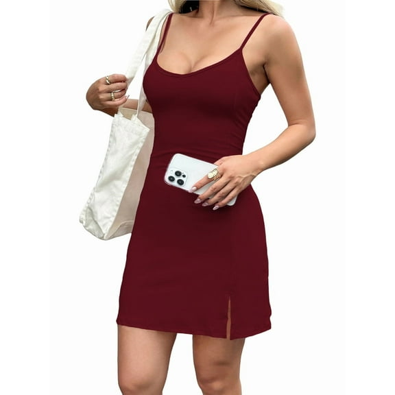 Women'S Basic Adjustable Spaghetti Strap Slip Mini Dress Wine Red XL