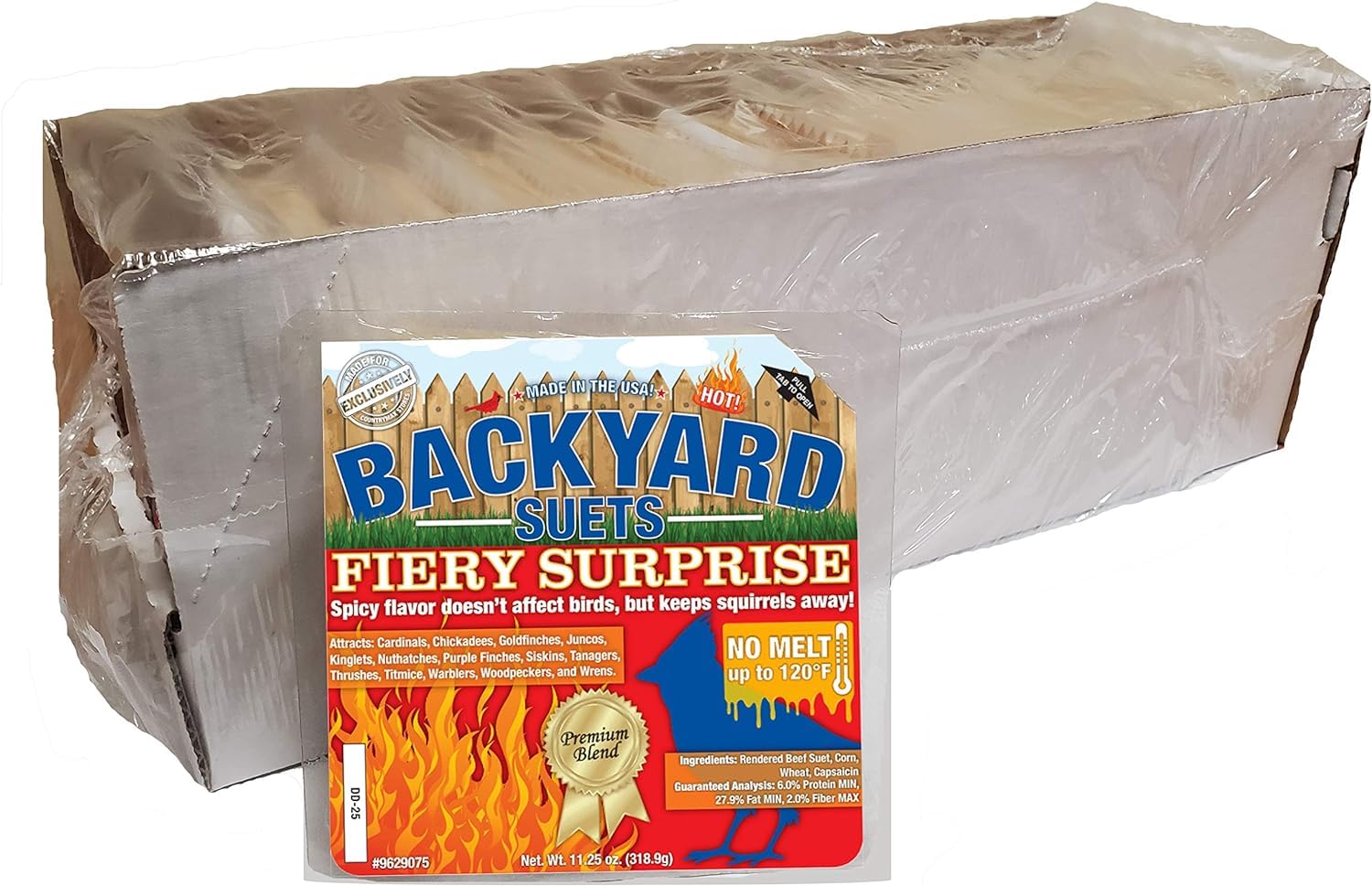 CountryMax Backyard Seeds No Melt Premium Suet Cakes 12 Pack for Wild Birds, Cardinals, Chickadees, Goldfinches (Fiery Surprise)