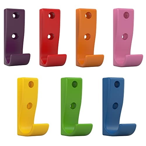 Ganchos J de Vinilo, Perfectos para Niños y Escuelas. Fuertes y Duraderos - Soportan Mochilas, Abrigos. Conjunto Arcoíris, 2.2 Pulgadas, Paq. 7, Tornillos Incluidos