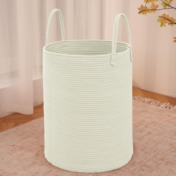 Large Woven Laundry Basket Hamper,60L Cotton Rope Storage Bin for Blankets,Toys and Clothes,Decorative Tall Nursery Hamper for Living Room,Baby Nursery,Bathroom and Bedroom,Beige