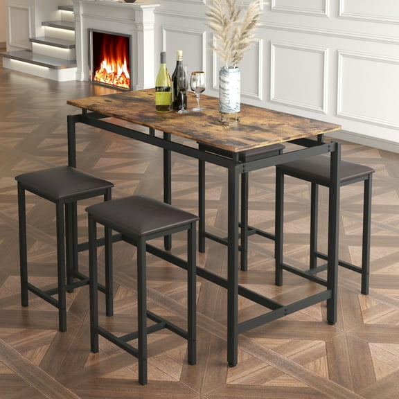3 Pieces Dining Table and Chairs Set, SYNGAR Modern Counter Height Bar Table Set, Pub Bistro Set for 2, with 4 Glass Holders, 2 Wine Racks & 3-Tier Shelves, for Kitchen, Bar, Dining Room, Black, D6128