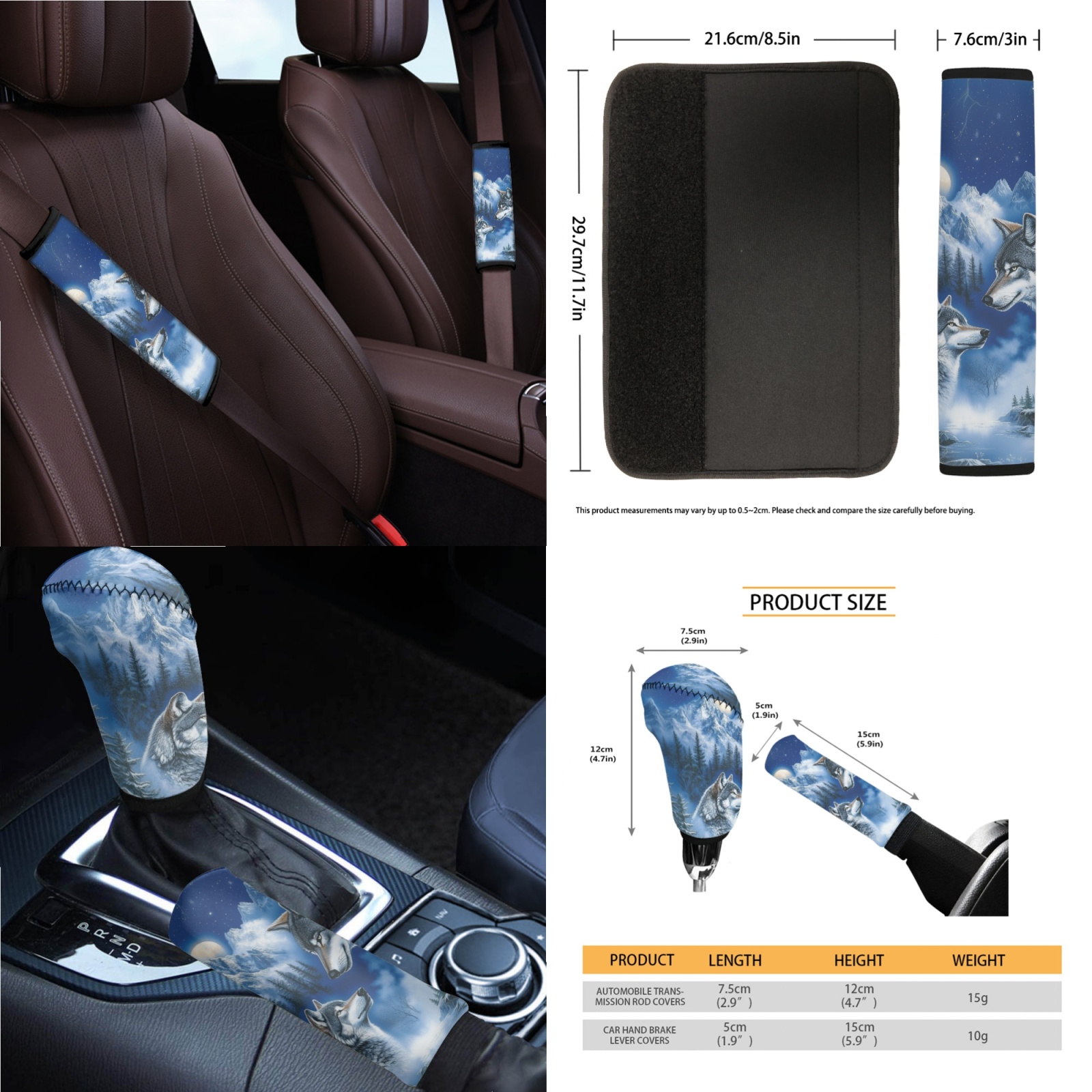 Renewold Wolf Forest Blue 14 PCS Car Seat Covers Set for Men, Auto Seat Protector with Steering Wheel Seat Belt Cover Garbage Bag Armrest Handbrake Rear View Mirror Protector Coasters
