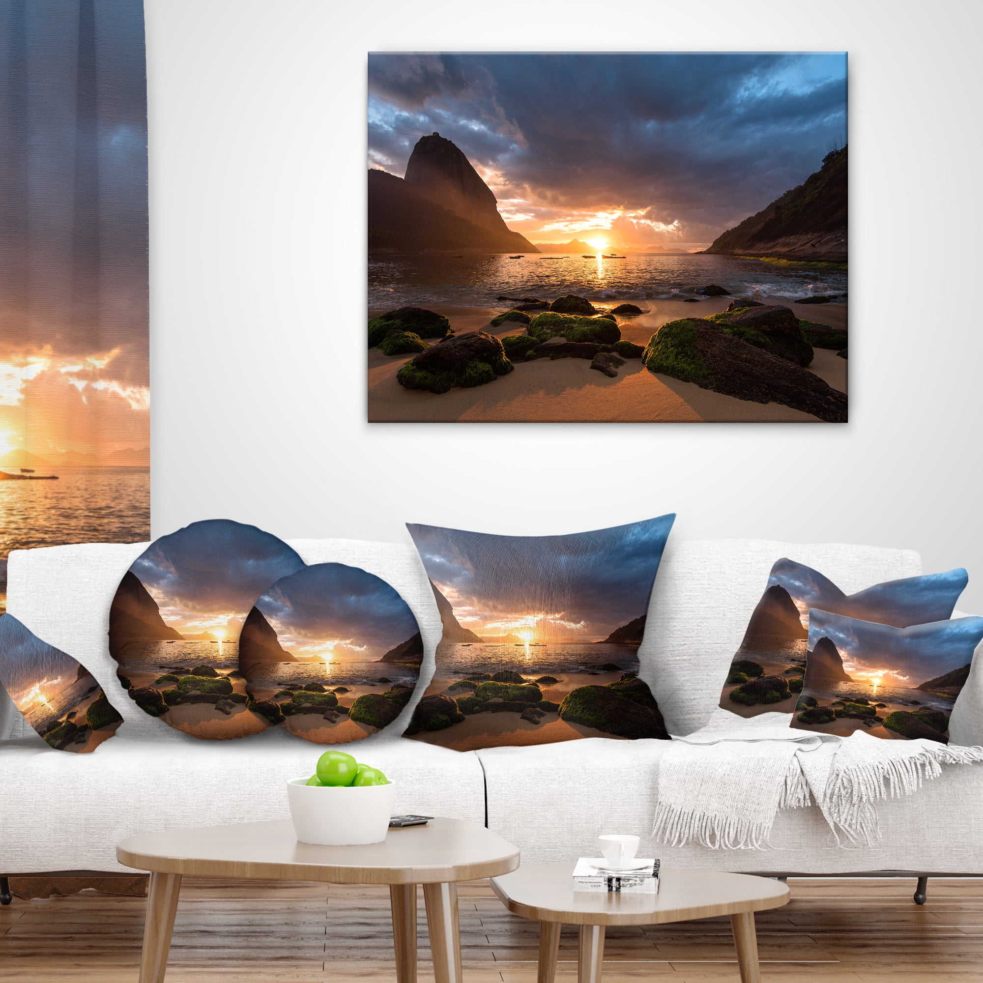 Designart Beautiful Sunrise in Red Seashore - Beach Throw Pillow - 18x18