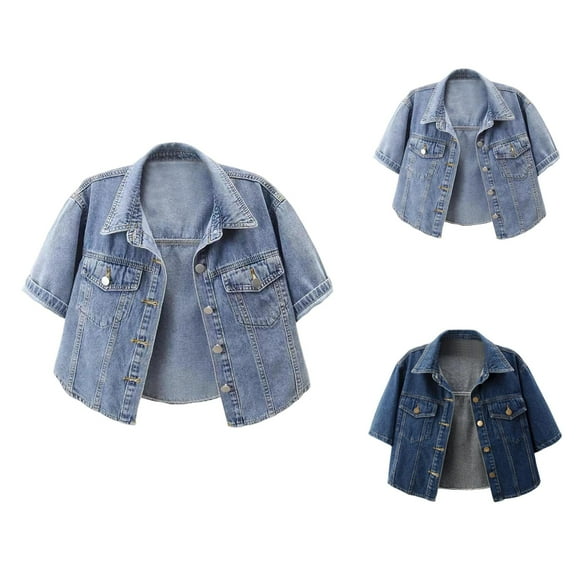 Cropped Denim Jacket for Women 2025 Short Sleeve Button Down Lapel Collar Casual Jean Jackets Outerwear