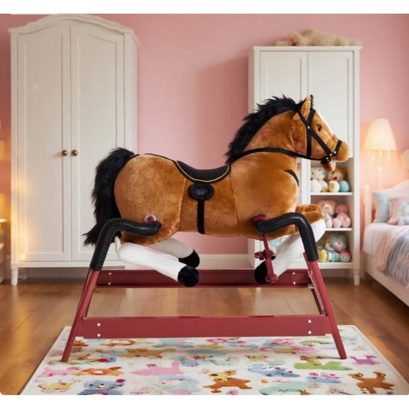 Kids Plush Rocking Horse – ASTM-F963 Certified, Sturdy Iron Frame with Animal Sounds Cozy Ride-On Toy for Toddlers