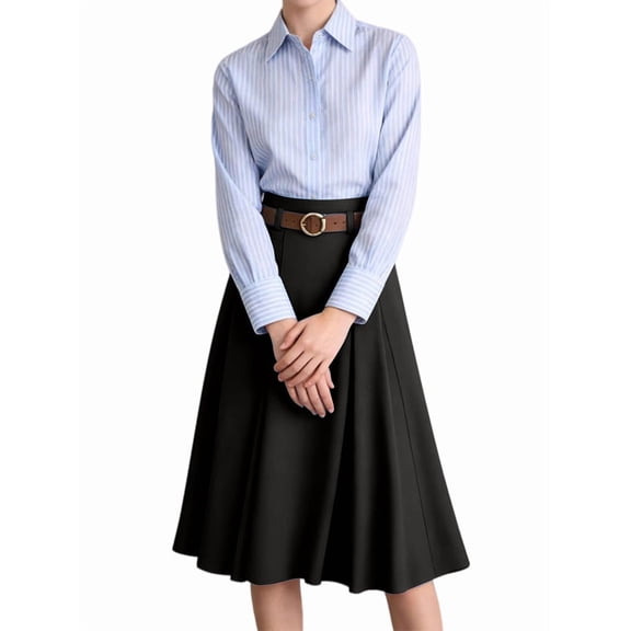 Women'S High Waist A-Line Skirt Flared Midi Skirt Vinage Skirt with Belt Black L