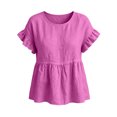 thumbnail image 3 of hoksml Women's Cotton Linen Ruffle Sleeve Peplum Blouse, Round Neck Casual Babydoll Top, Loose Fit Summer Daily Office Wear Shirt, 3 of 7