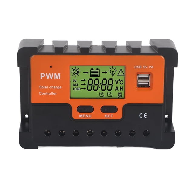 Controlador solar PWM de 50 A, 12 V, 24 V y 48 V, selección manual, carga de 3 etapas, regulador de carga solar con 2 puertos USB para RV, salida de 5 V.