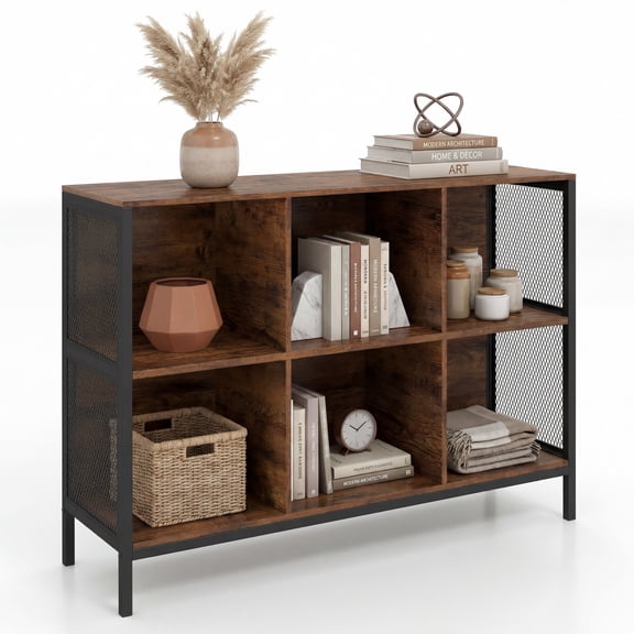 Patiojoy 42" Wide Bookcase with 6 Cubes Horizontal Bookshelf with Metal Frame Industrial Accent Cubby Storage Organizer