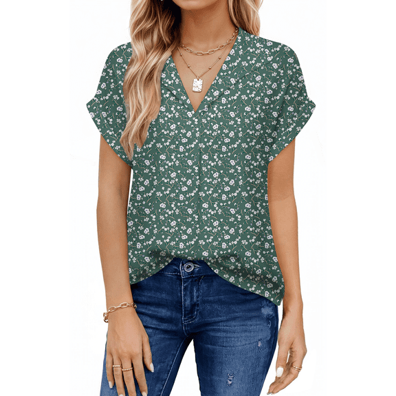 UVN Blouses for Women Summer Short Sleeve Work Shirts Dressy Casual V Neck Print Tops