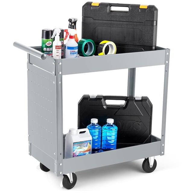 BeesClover Chariot à Outils à 2 Plateaux, Chariots à Outils Roulants de 400 Lb sur Roues, Chariot Utilitaire Robuste avec Panneau Perforé, Chariot de Rangement pour Outils de Mécanicien pour Garage, Entrepôt et Atelier de Réparation