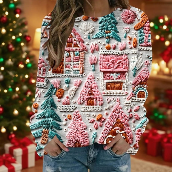 DPTALR George Women's Fashionable Loose Fit Long Sleeve Printed Blouse with Round Neck,Pink,Size XL