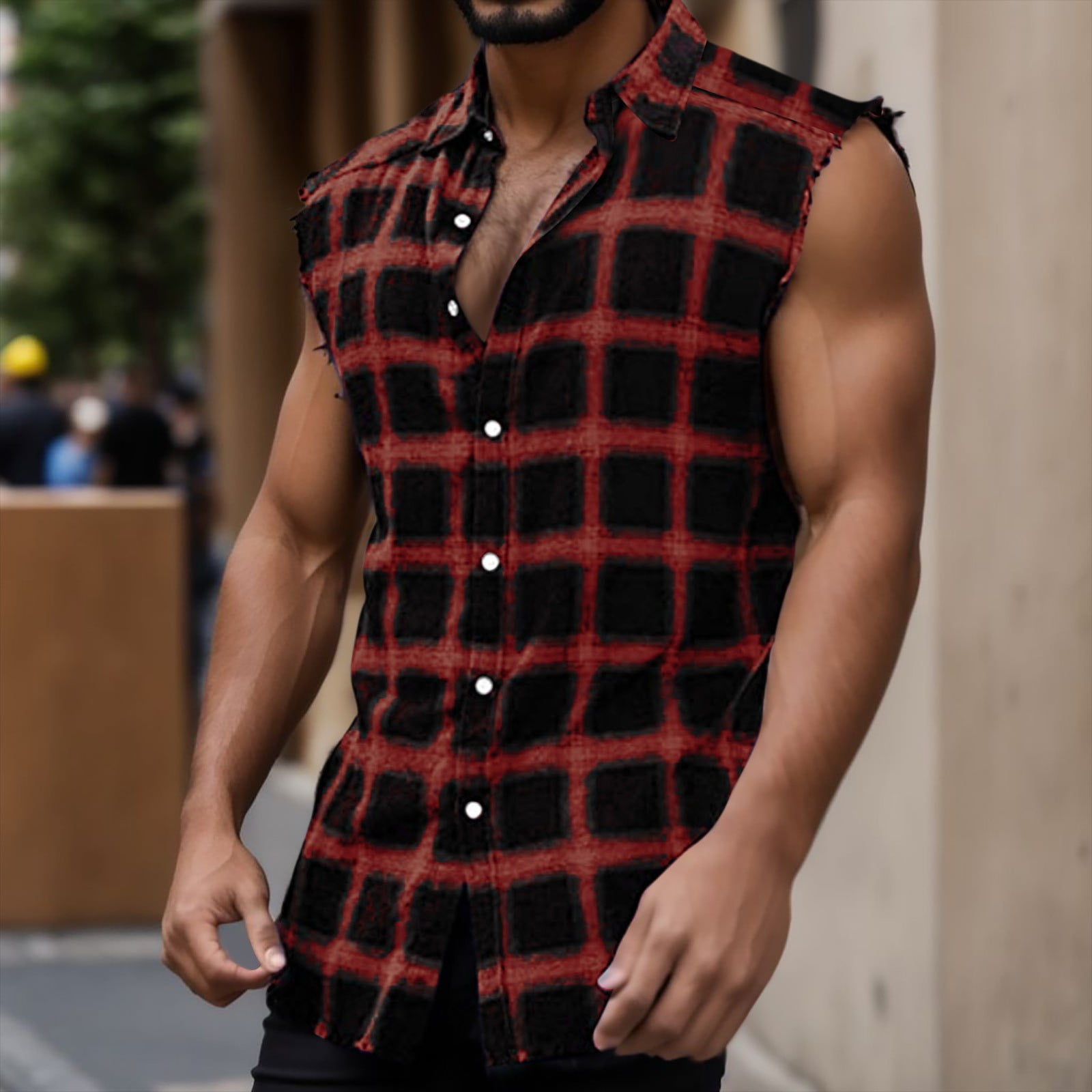 Sopiago Mens Tank Top Casual Button Up Flannel Plaid Shirt