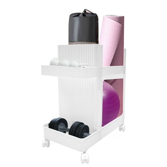 Miumaeov 10kg/22lbs Workout Equipment Storage Cart Home Gym Storage Rack Yoga Mat Organizer with Wheels White