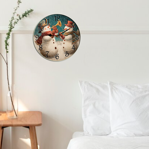 Kurmntregon Christmas Wall Clock Happy Snowmen Play Musical Winter Xmas Holiday Wooden Decorative Battery Operated Quartz Silent Hanging Clock For Bedroom Living Room Kitchen Coffee Bar Round 10"