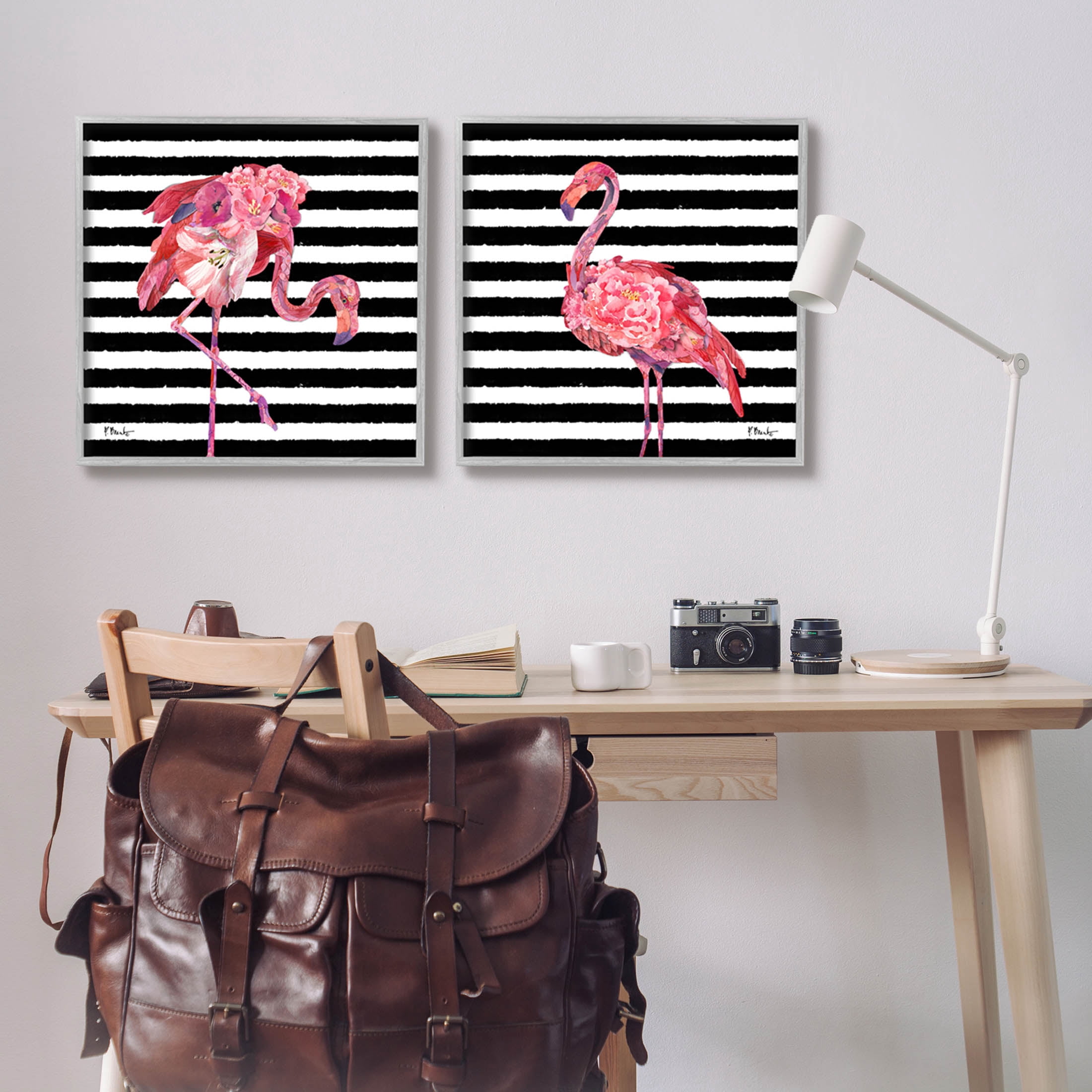Bold Striped Flamingo Blossoms Animals & Insects Graphic Art Gray Framed Art Print Wall Art, Set of 2