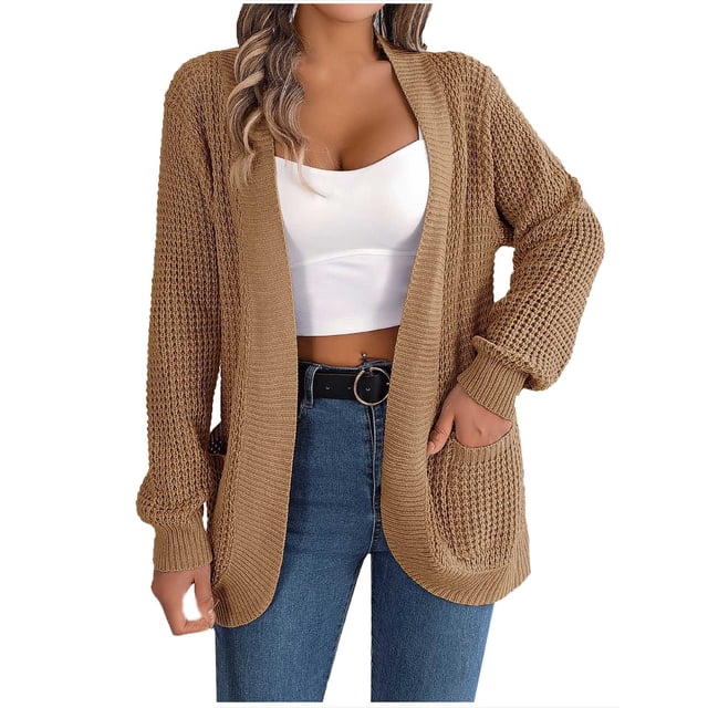 Yuyuzo Womens Cardigan Sweater Long Sleeve Open Front Knit Carigan with Pockets Solid Color Fall Tops