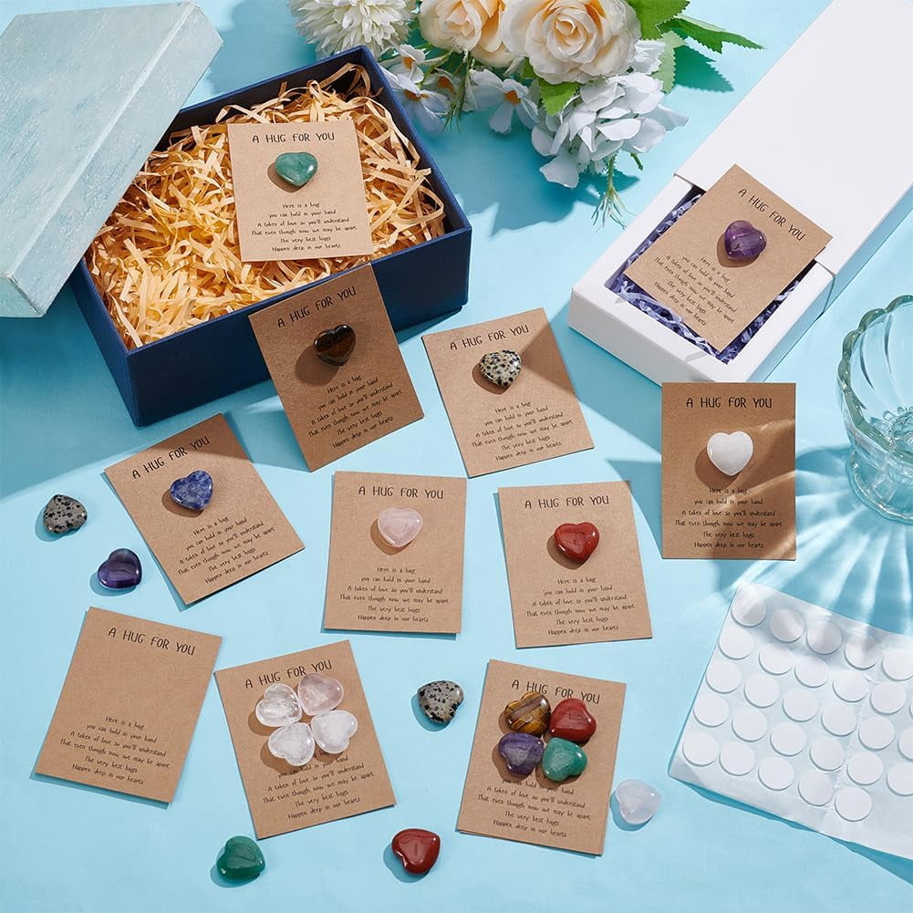 40Pcs Natural Stones Keepsake Exchange Relationship Cards Heart Love Stones Pocket Palm Stone with Round Dot Double Sided Tapes for Colleagues Family Distance Social Celebration Colorful DIY
