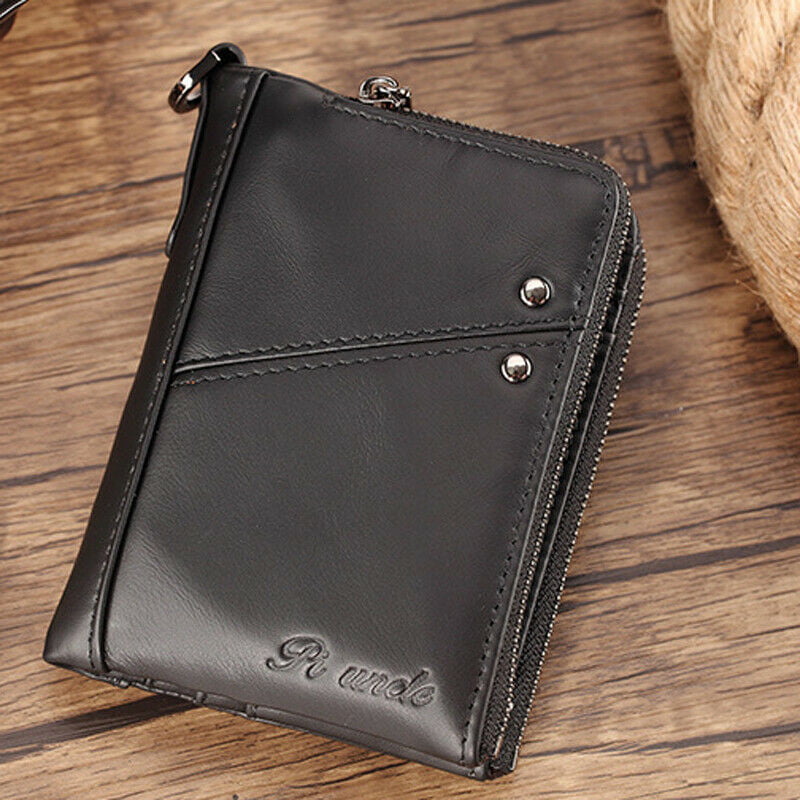 Men's 100% Cowhide Leather Zipper Wallet RFID Blocking ID Card Holder Coin Purse