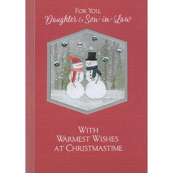 Designer Greetings Die Cut 3D Snowman and Snowwoman Inside Silver Foil Hexagon Frame Hand Decorated Christmas Card for Daughter and Son-in-Law